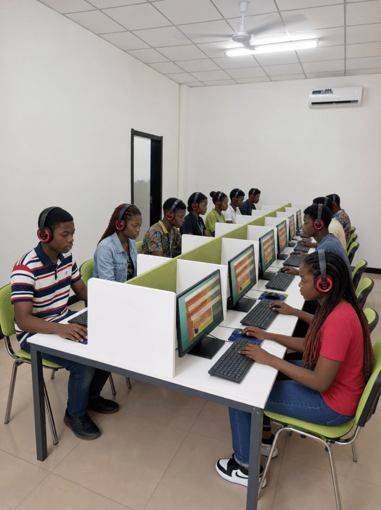 Aula de idiomas con alumnos y software con IA